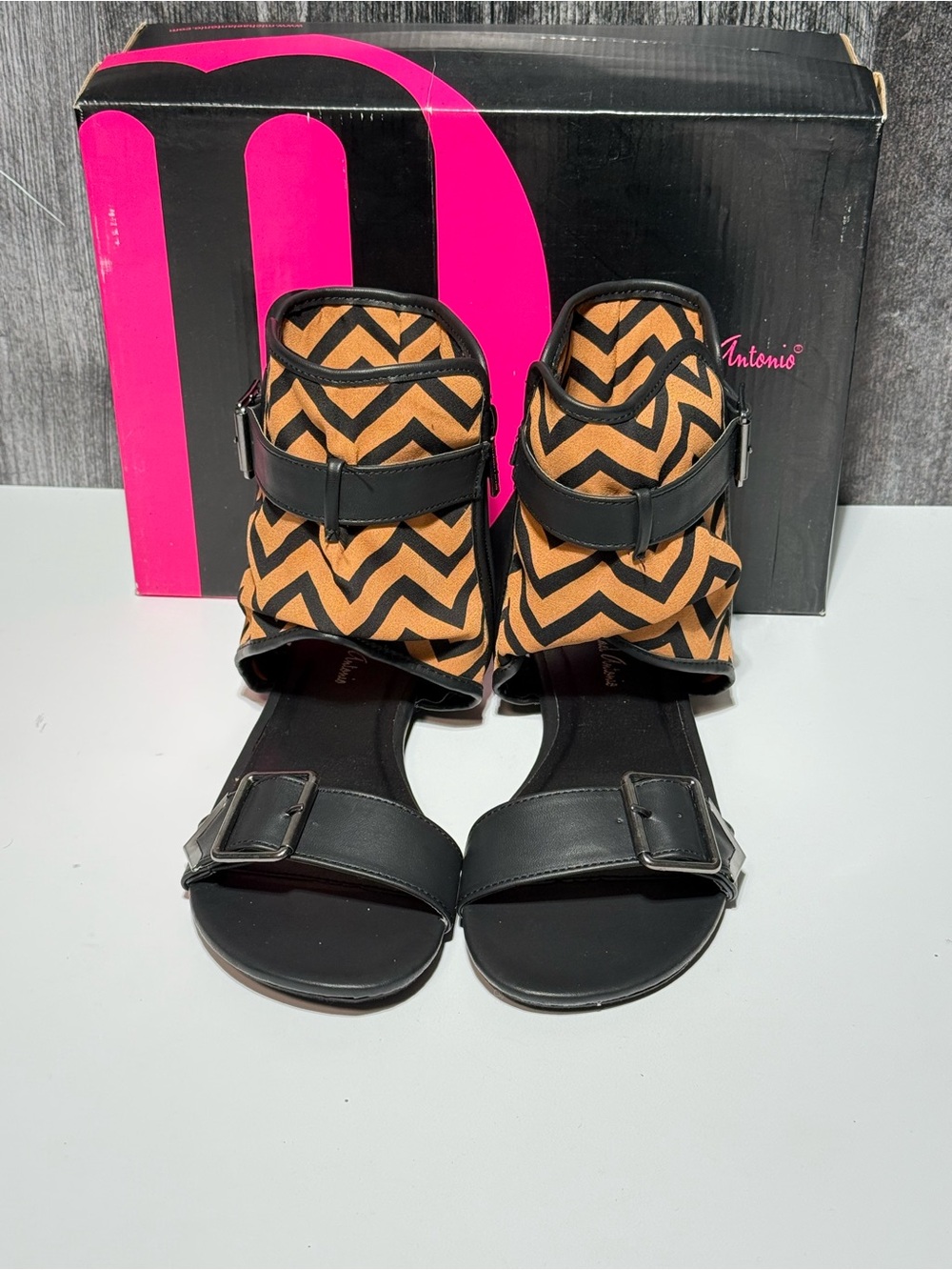 Michaels Antonio Black and Tan Chevron Ankle-Strap Sandals